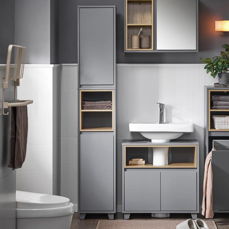 Elegant Højt Badeværelsesskab i Grå - Minimalistisk Design