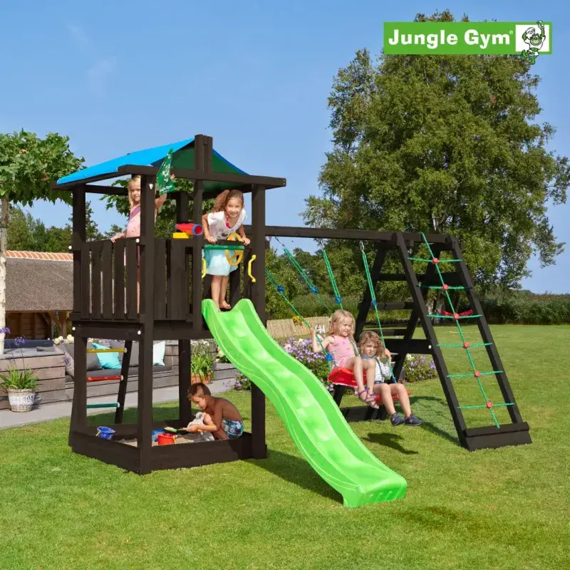 Hut Legetårn Komplet Inkl. Climb Module Xtra Og Rutschebane, Grundmalet Sort   806 282cx fra Jungle Gym