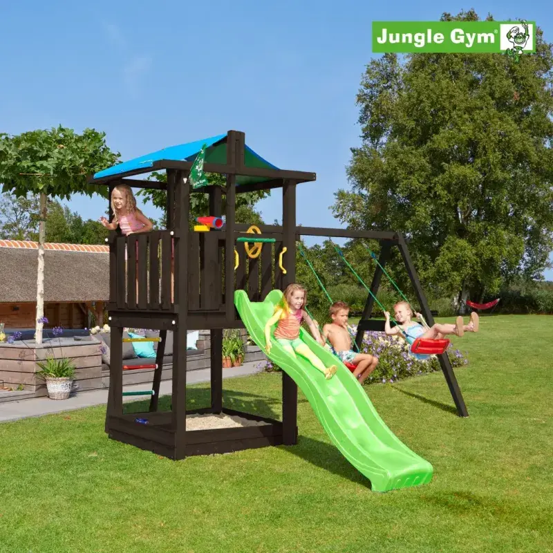 Hut Legetårn Komplet Inkl. Swing Module Xtra Og Rutschebane, Grundmalet Sort   806 282sx fra Jungle Gym