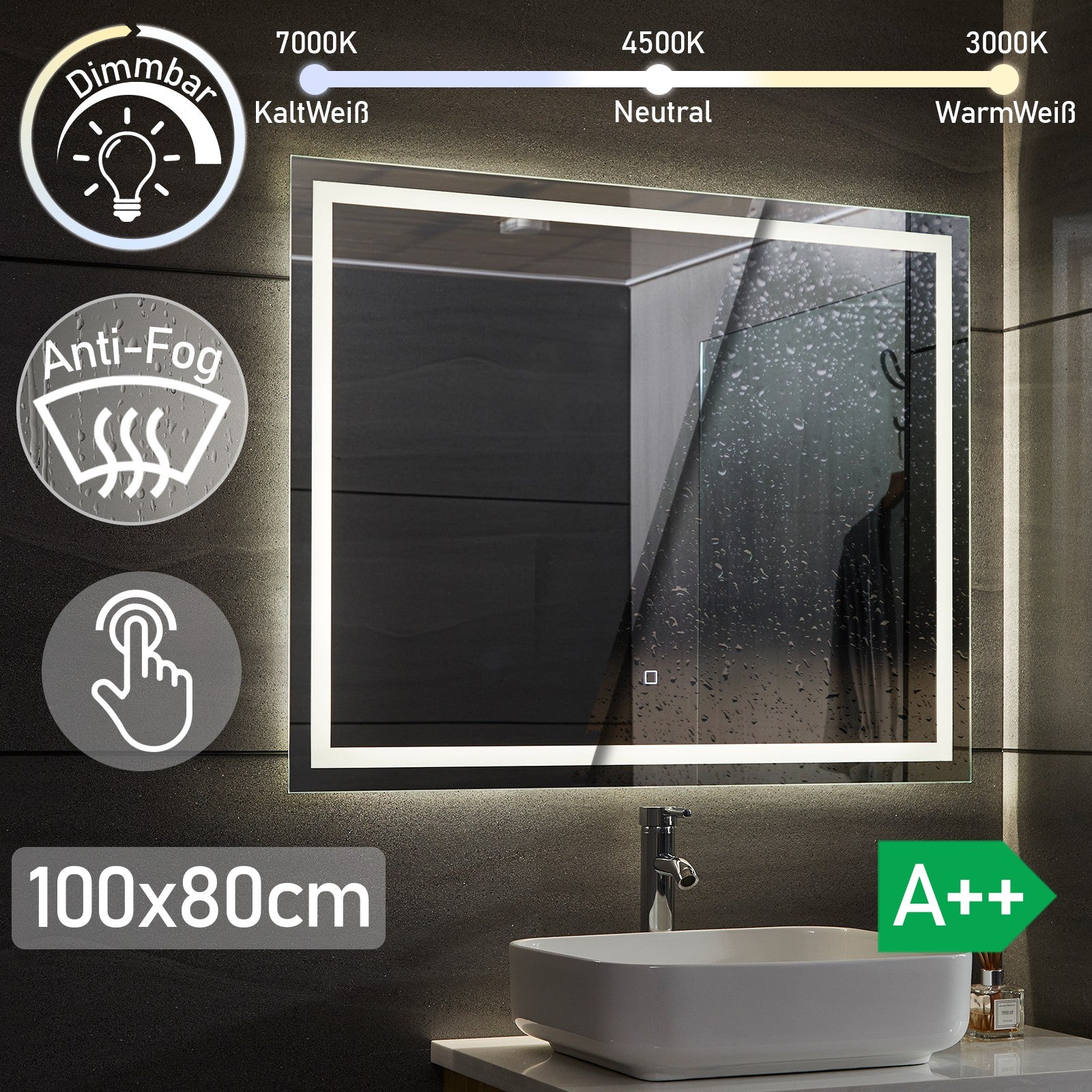 Aquamarinâ® Led Badeværelsesspejl   100x80 Cm, Dugfrit, Dæmpbart, Energibesparende Med Hukommelsesfunktion (eek A++) fra Ff Europe